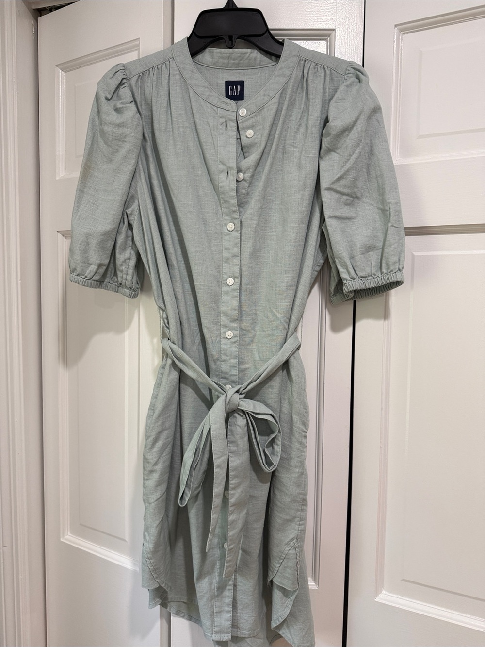 GAP Sage Green Button-Front Tie Waist Dress